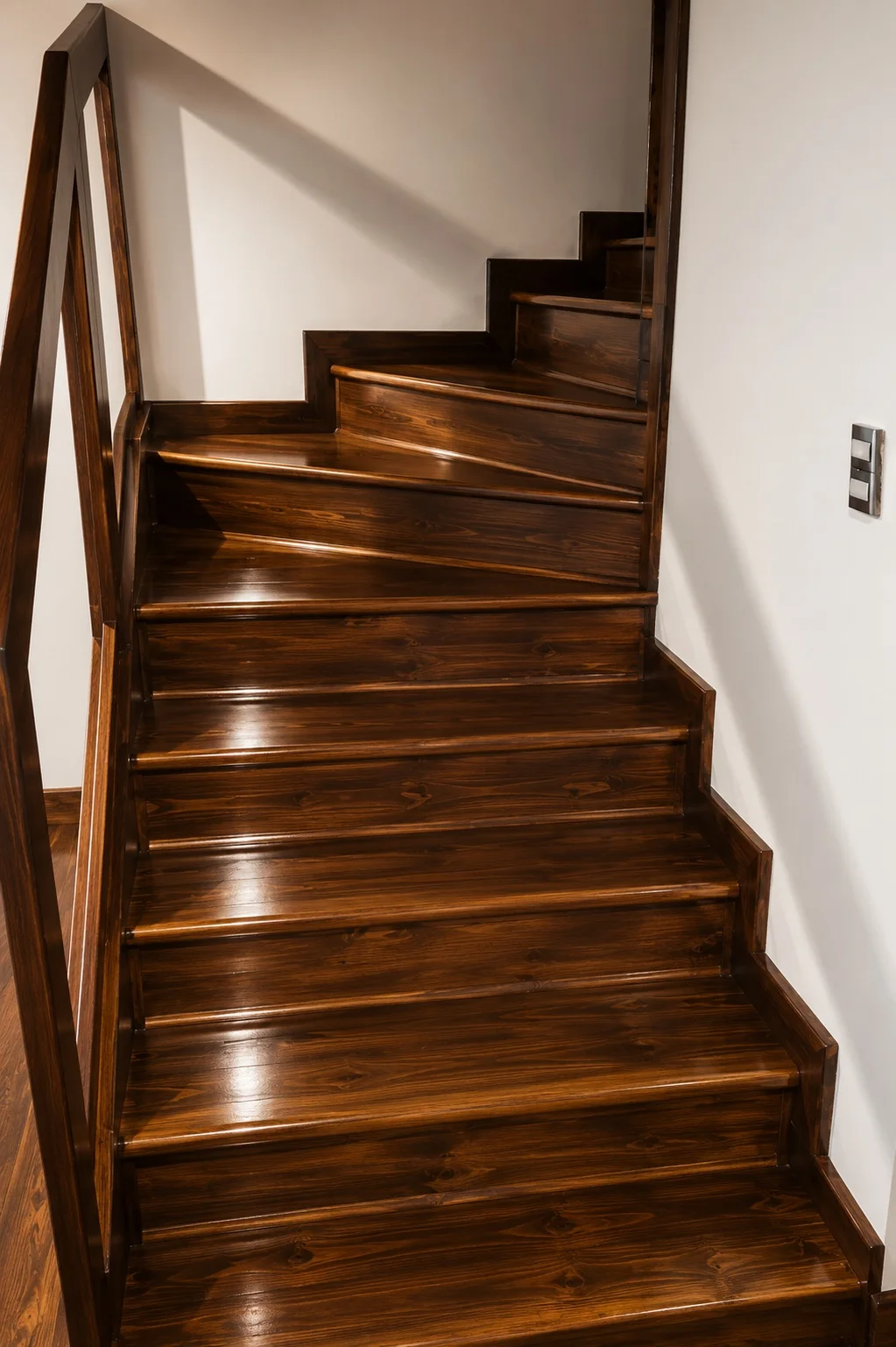 Escalera revestida en madera con acabado brillante, elegante y de estilo moderno.